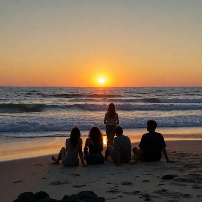 Group watching sunset on beach