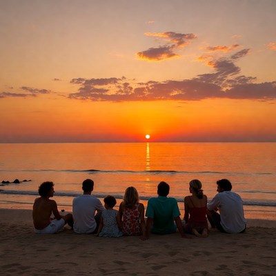 Family sitting on beach at sunset