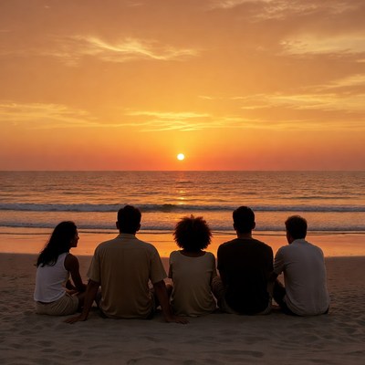 Diverse group watching sunset on beach