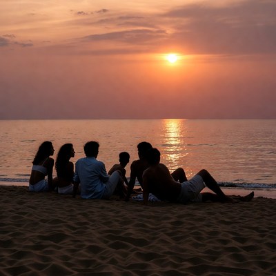 Family Silhouettes Watching Sunset Beach