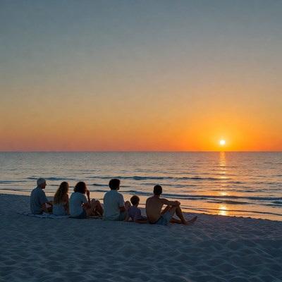 Family watching sunset on beach