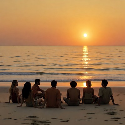 Group watching sunset on beach