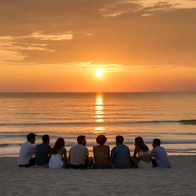 Group sitting on beach at sunset