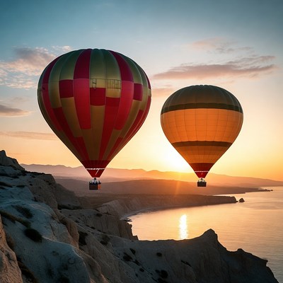 Hot Air Balloons Over Cliff at Sunset