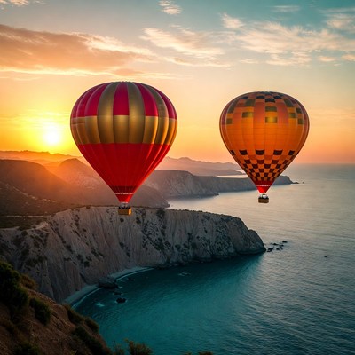 Hot Air Balloons over Coastal Cliffs at Sunset