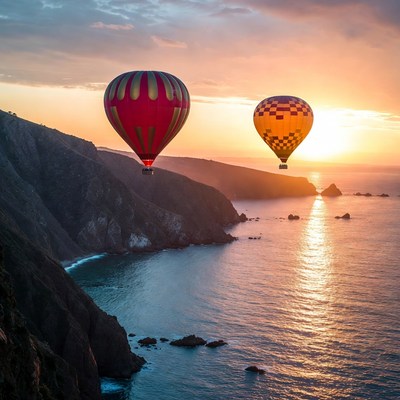 Hot Air Balloons Over Coastal Cliffs at Sunset