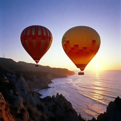 Hot air balloons over coastal cliffs