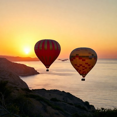Hot air balloons over sunset ocean cliffs