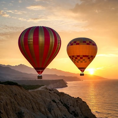 Hot Air Balloons Over Coastal Cliff Sunset