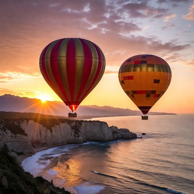 Hot Air Balloons Over Coastal Cliffs at Sunset