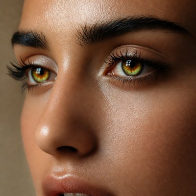 Close-up woman with green eyes
