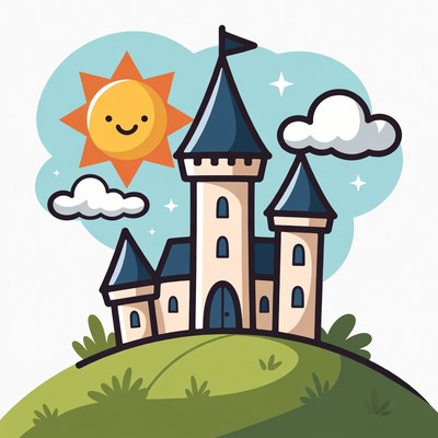 Cartoon Castle on Hill with Sun