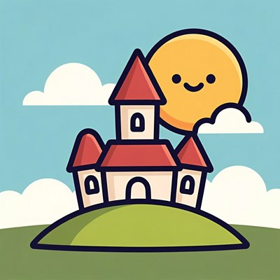 Cartoon Castle on Hill with Smiling Sun