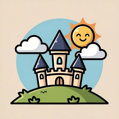 Cartoon Castle on Hill with Sun