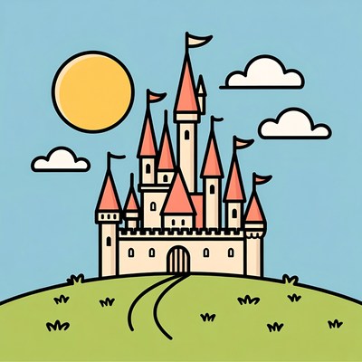 Cartoon castle on hill with sun