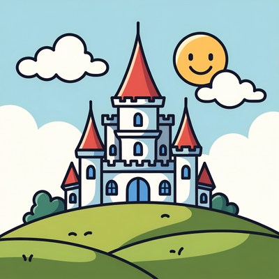 Cartoon castle on green hill