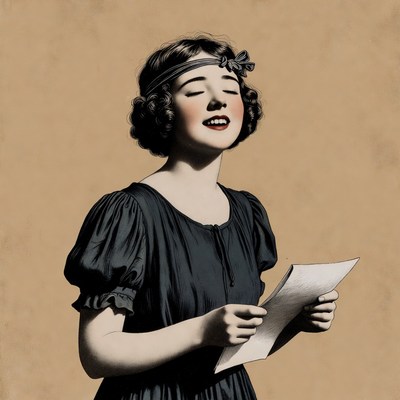 Vintage woman singing with paper