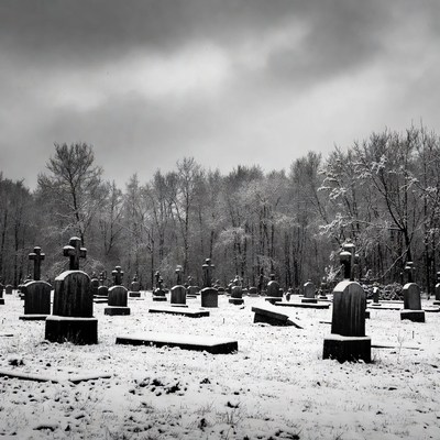 Snowy Cemetery with Crosses and Graves