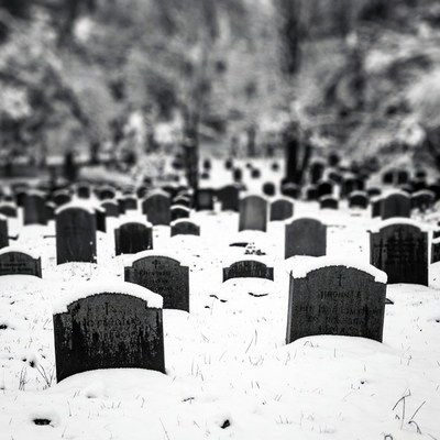 Snowy Cemetery Gravestones in Winter