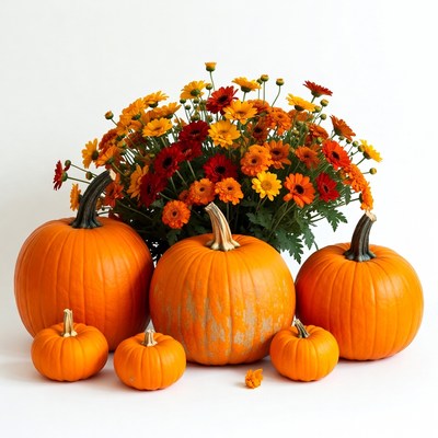 Orange Pumpkins with Fall Flowers