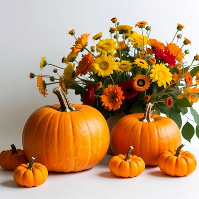 Pumpkins and colorful daisies on white background