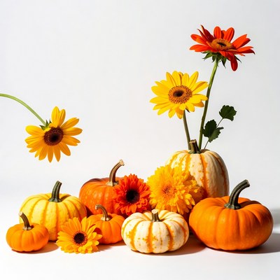Pumpkins and Sunflowers on White Background