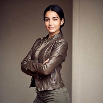Woman in leather jacket arms crossed