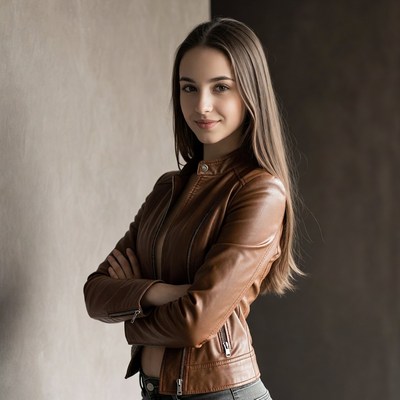 Woman in brown leather jacket