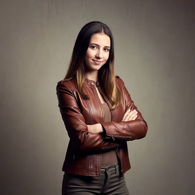Woman in brown leather jacket arms crossed
