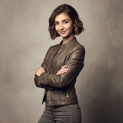 Woman in leather jacket arms crossed