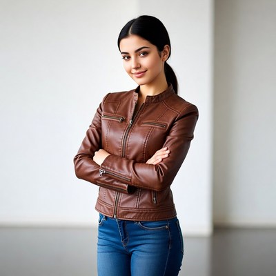 Woman in brown leather jacket arms crossed