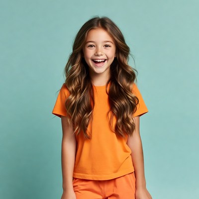Smiling girl in orange outfit