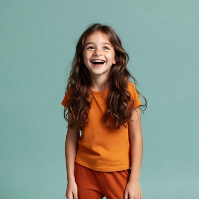 Smiling girl in orange outfit