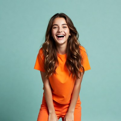 Smiling teenage girl in orange outfit