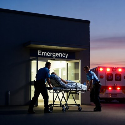 Paramedics wheeling patient into emergency