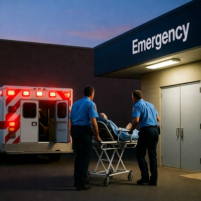 Paramedics Wheeling Patient to Emergency Entrance