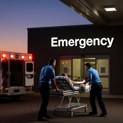 Paramedics wheeling patient into emergency