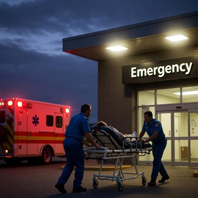 Paramedics wheeling patient into emergency