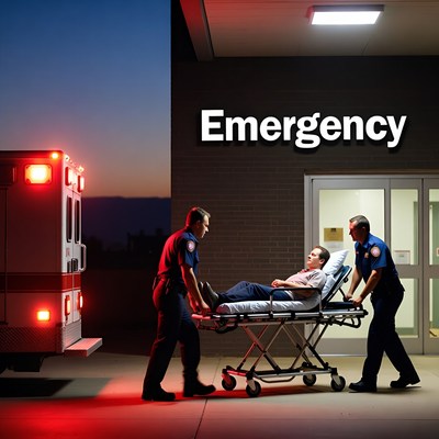 Paramedics wheeling patient into emergency