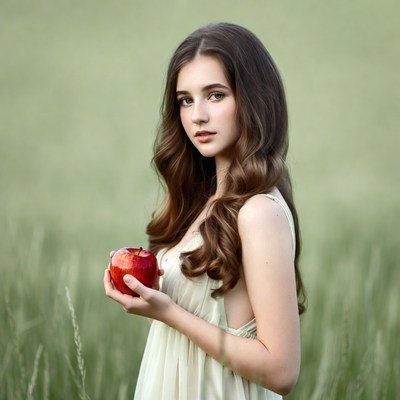 Girl holding red apple in grass