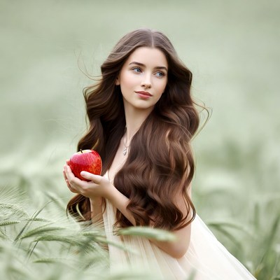 Woman holding red apple in wheat field