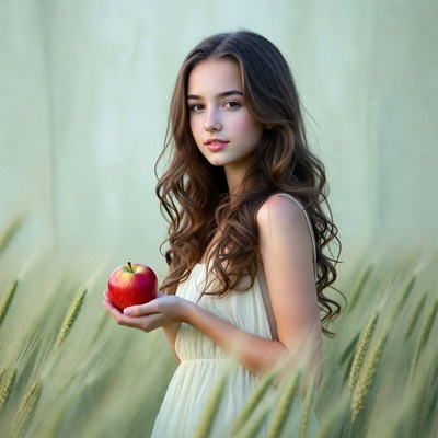 Girl holding red apple in wheat field