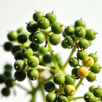 Green Elderberry Clusters on White Background