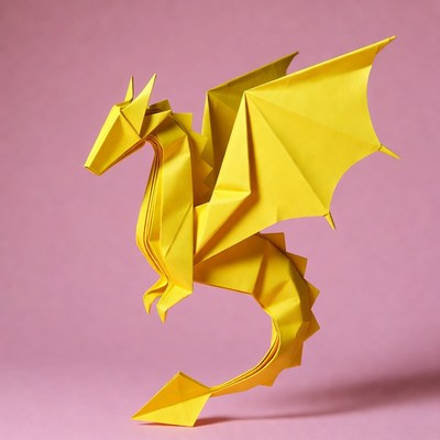 Yellow origami dragon on pink background