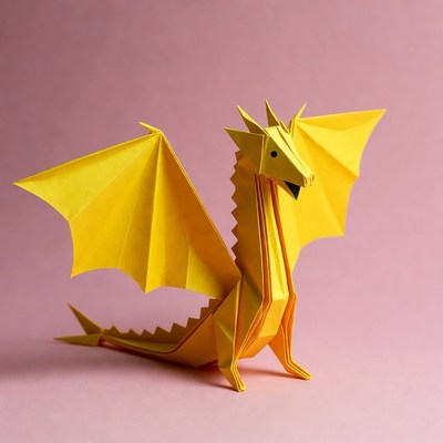 Yellow origami dragon on pink background