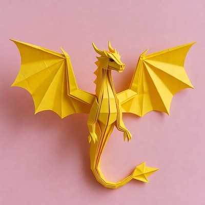 Yellow origami dragon on pink background