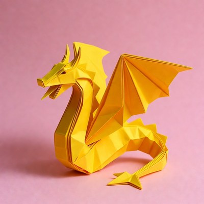 Yellow origami dragon on pink background