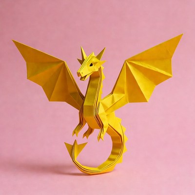 Yellow origami dragon on pink background