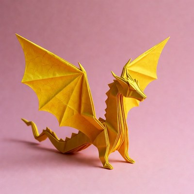 Yellow origami dragon on pink background