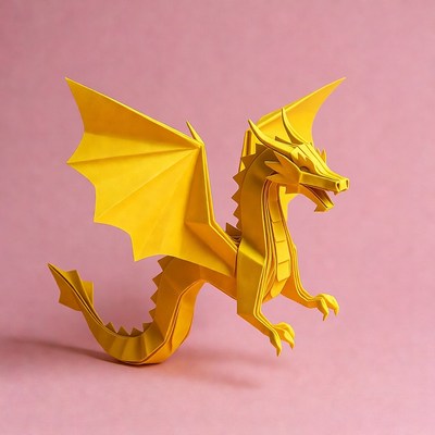 Yellow origami dragon on pink background